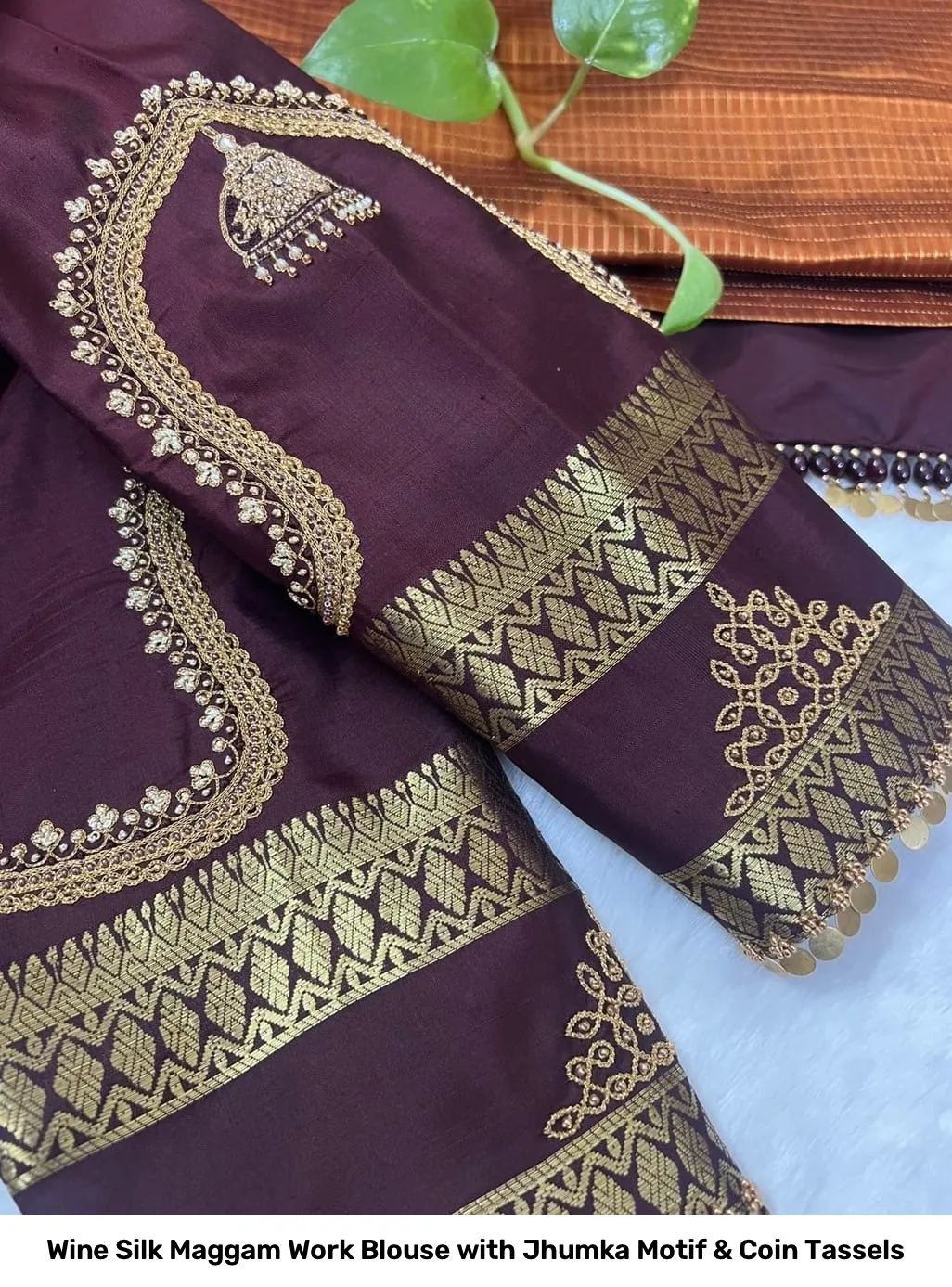 Wine Silk Maggam Work Blouse with Jhumka Motif & Coin Tassels 3