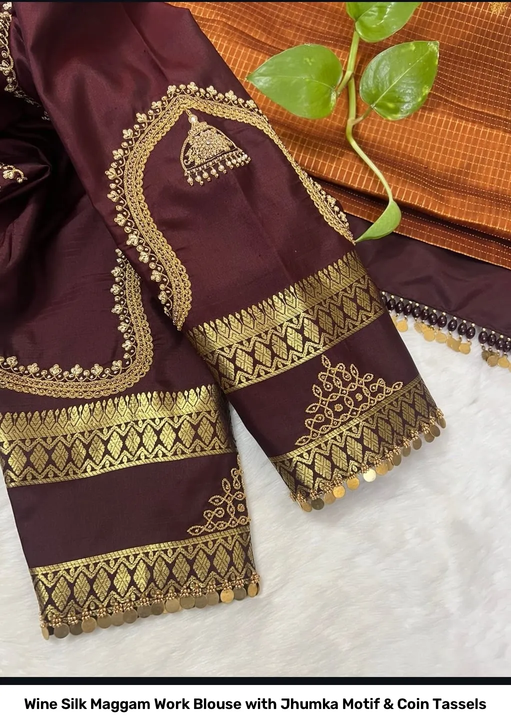 Wine Silk Maggam Work Blouse with Jhumka Motif & Coin Tassels 4