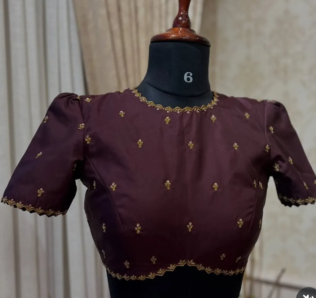Wine Silk Puff Sleeve Saree Blouse | Scalloped Border & Golden Booti Work Designer Blouse