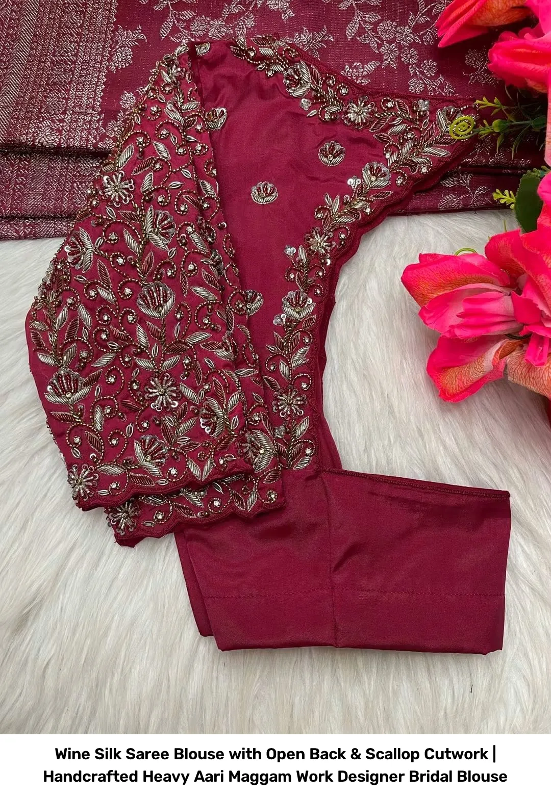 Wine Silk Saree Blouse with Open Back & Scallop Cutwork | Handcrafted Heavy Aari Maggam Work Designer Bridal Blouse 2