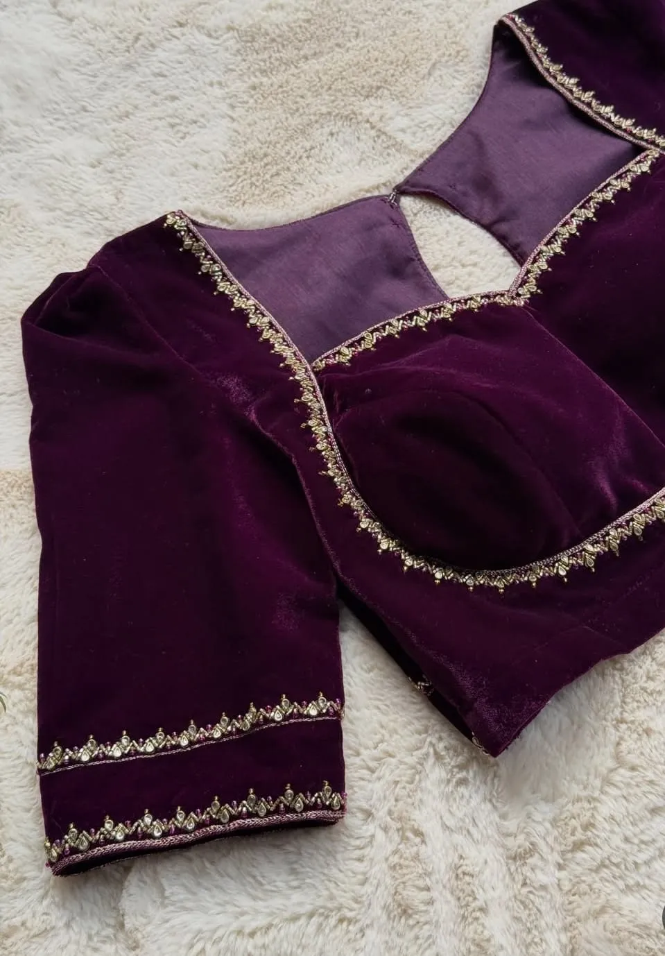 Wine Velvet Saree Blouse with Sweetheart Neck & Antique Zardozi Border