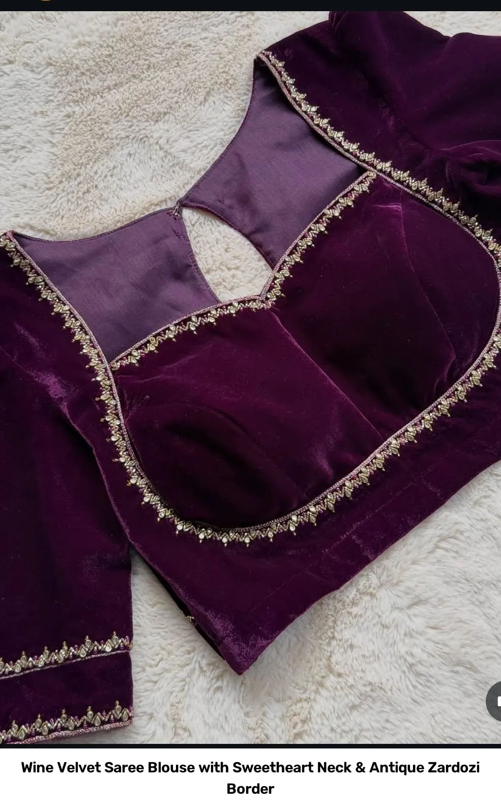 Wine Velvet Saree Blouse with Sweetheart Neck & Antique Zardozi Border 2