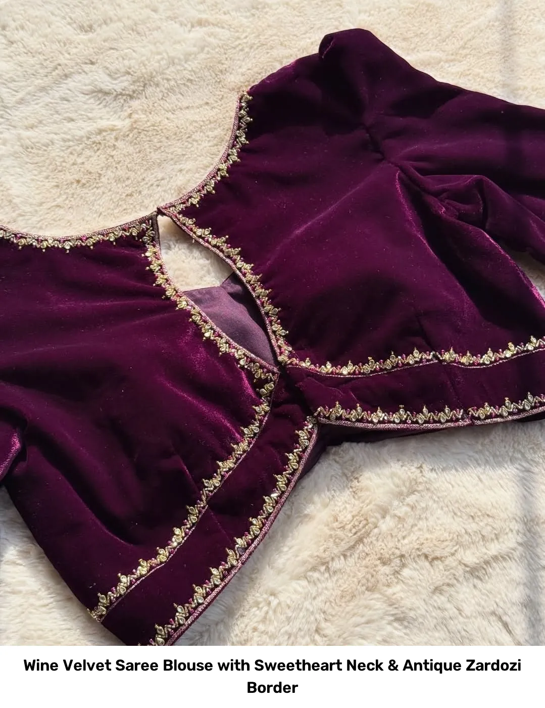 Wine Velvet Saree Blouse with Sweetheart Neck & Antique Zardozi Border 3