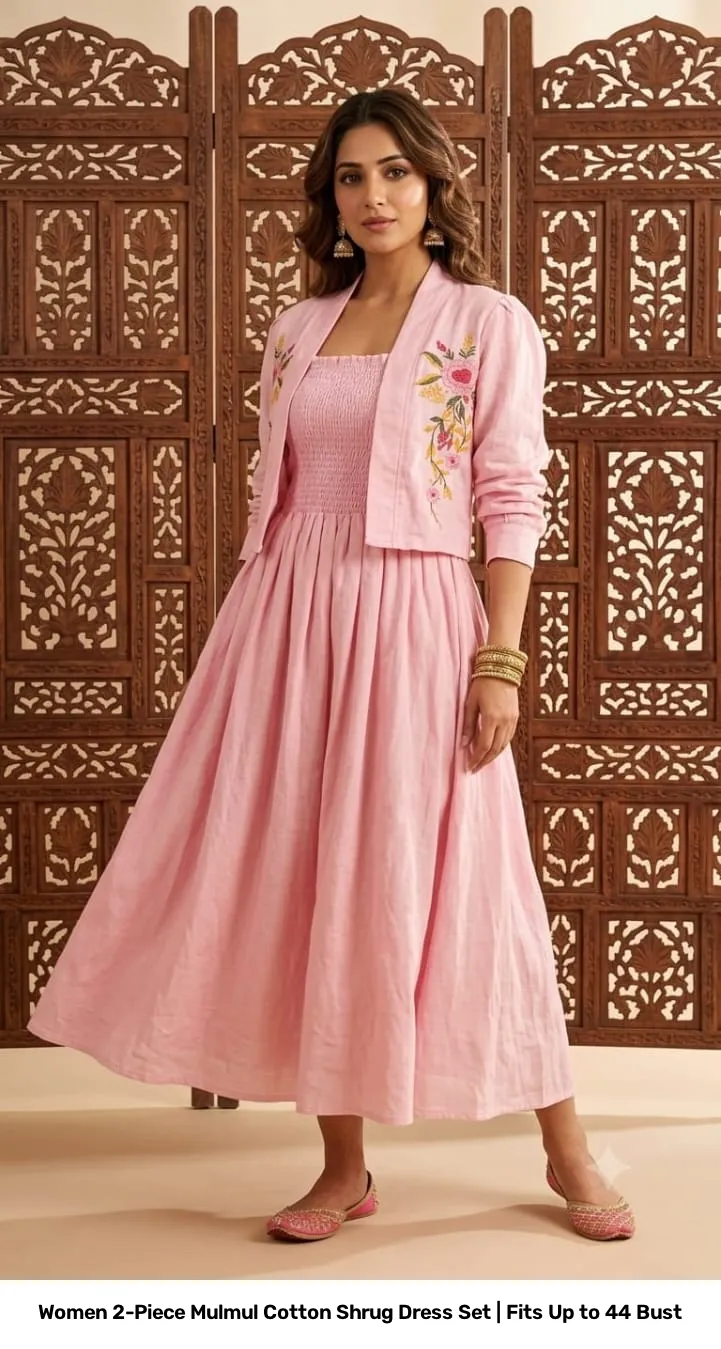 Women 2-Piece Mulmul Cotton Shrug Dress Set | Fits Up to 44 Bust 10