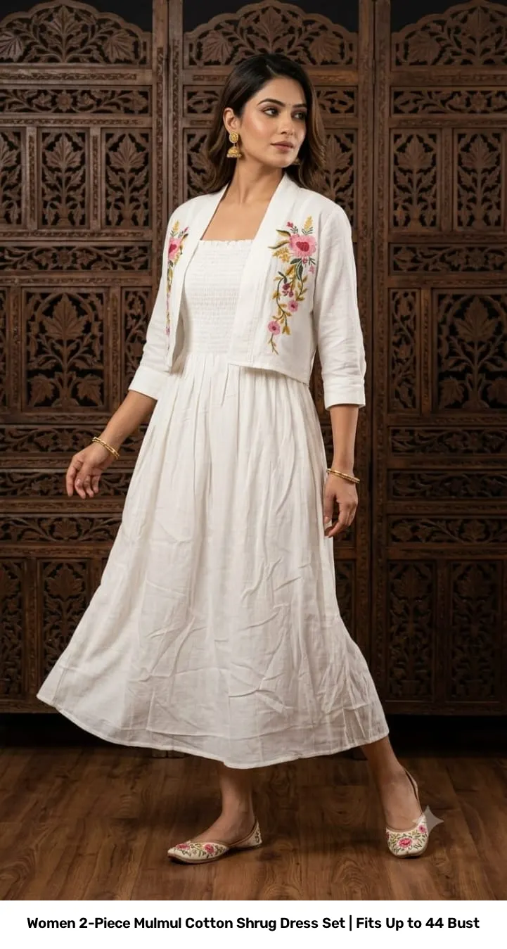 Women 2-Piece Mulmul Cotton Shrug Dress Set | Fits Up to 44 Bust 11
