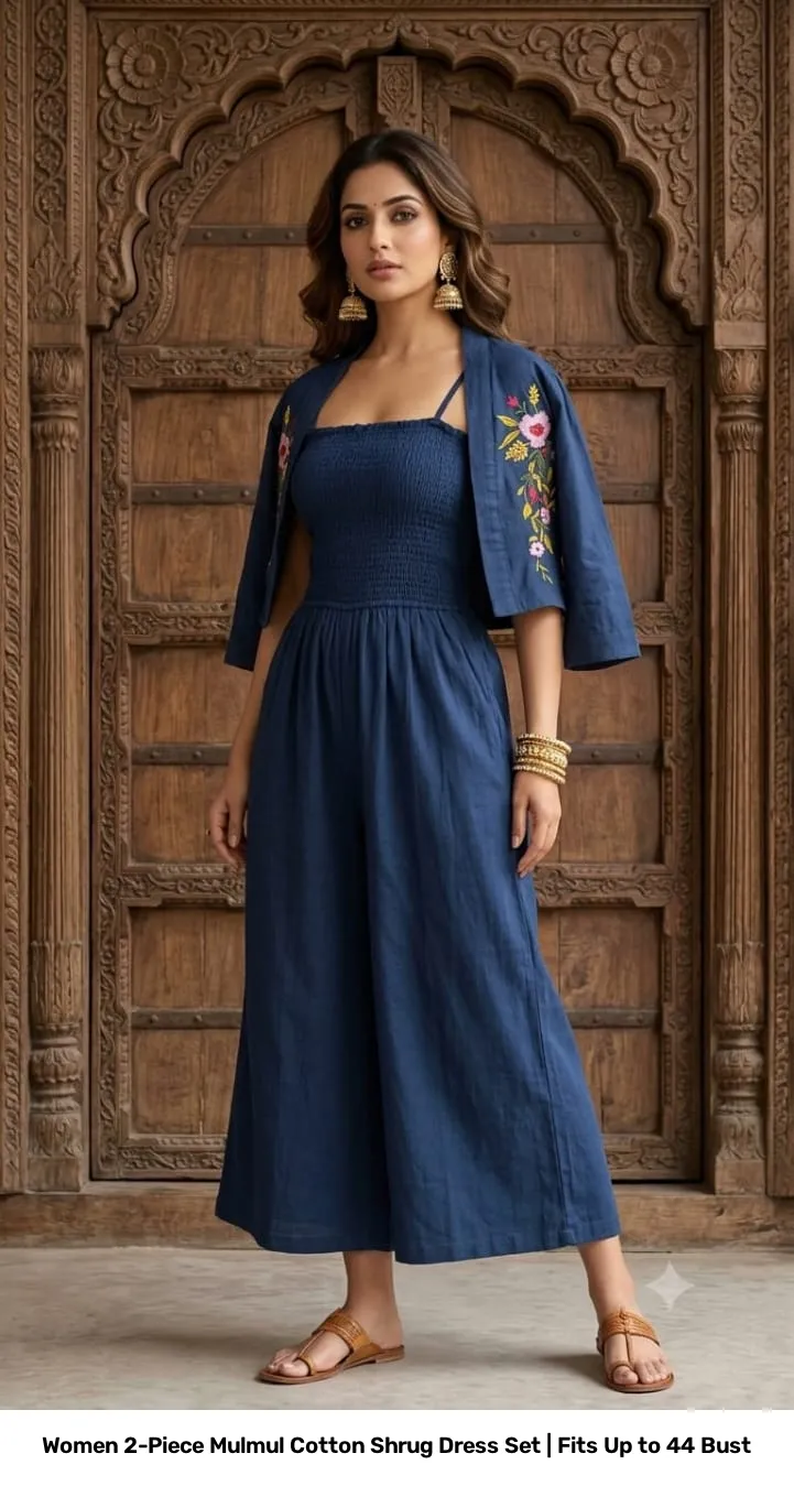 Women 2-Piece Mulmul Cotton Shrug Dress Set | Fits Up to 44 Bust 12