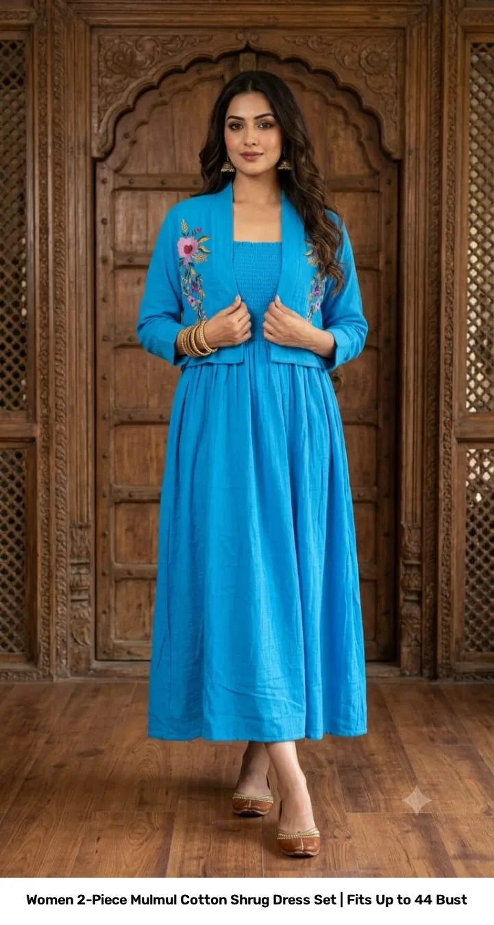 Women 2-Piece Mulmul Cotton Shrug Dress Set | Fits Up to 44 Bust 13
