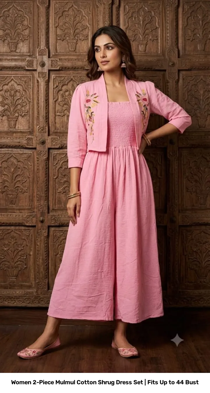 Women 2-Piece Mulmul Cotton Shrug Dress Set | Fits Up to 44 Bust 2
