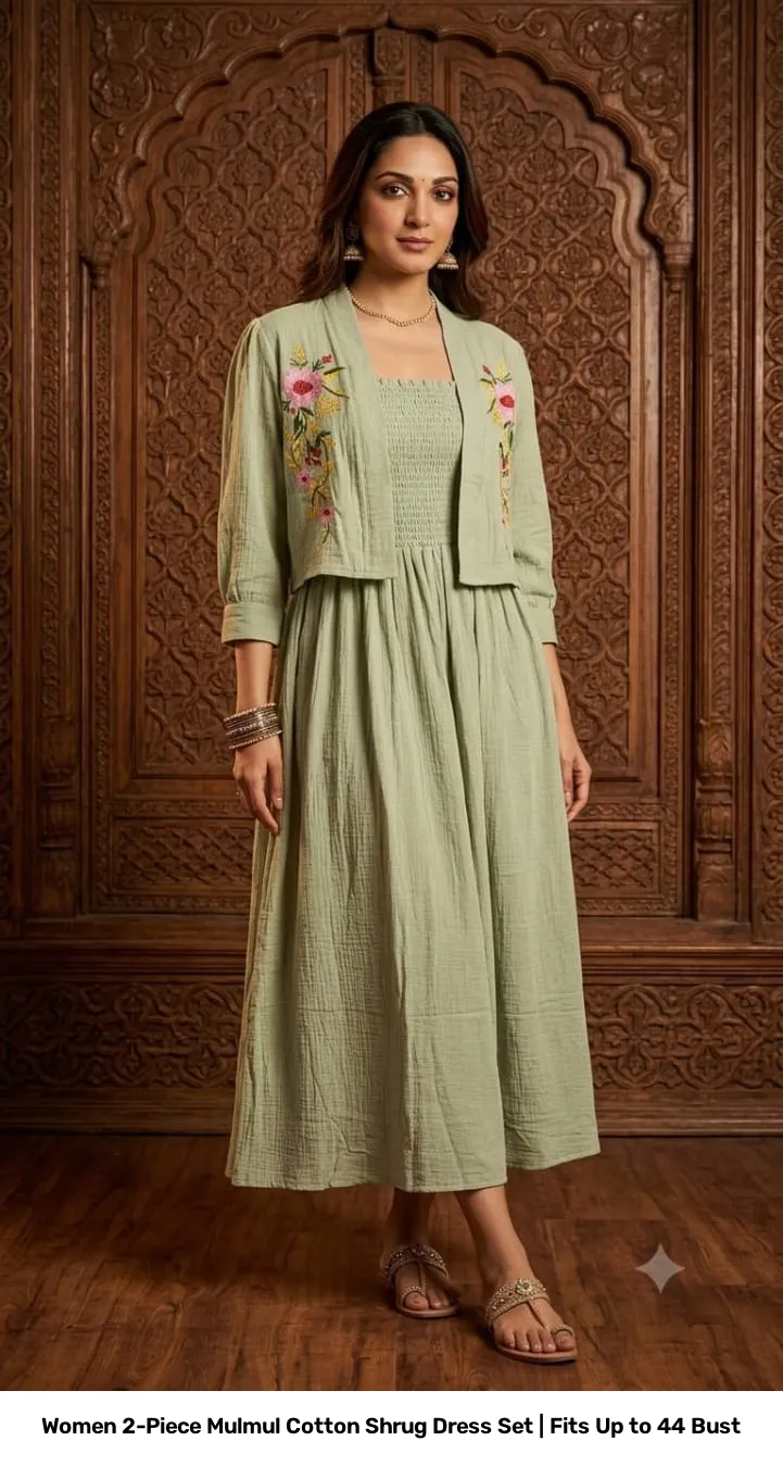 Women 2-Piece Mulmul Cotton Shrug Dress Set | Fits Up to 44 Bust 3