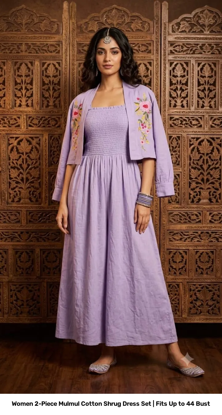 Women 2-Piece Mulmul Cotton Shrug Dress Set | Fits Up to 44 Bust 5
