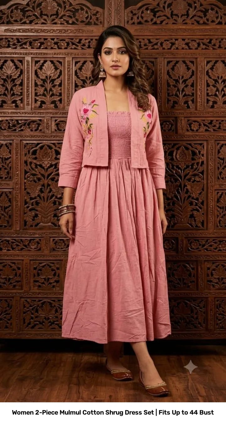 Women 2-Piece Mulmul Cotton Shrug Dress Set | Fits Up to 44 Bust 6