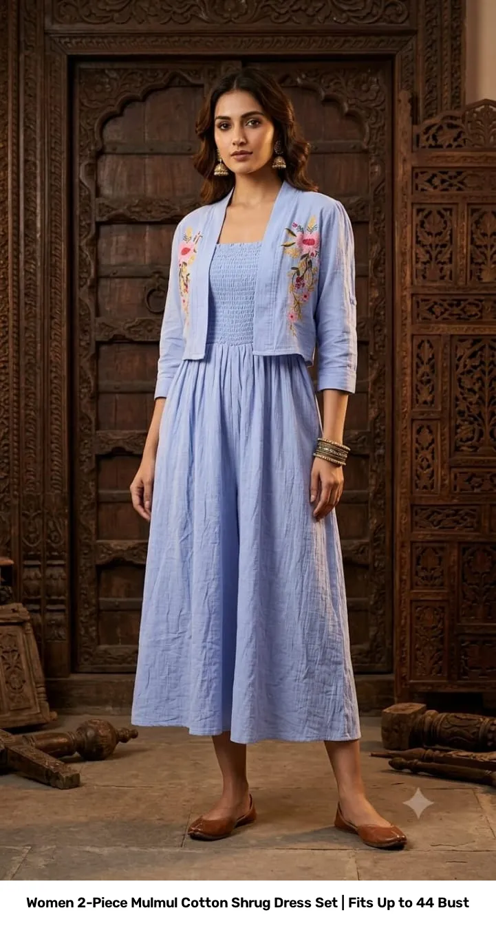 Women 2-Piece Mulmul Cotton Shrug Dress Set | Fits Up to 44 Bust 7