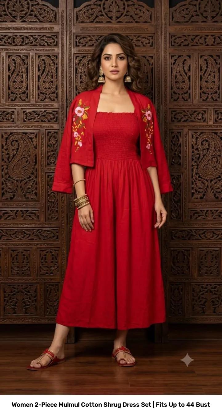 Women 2-Piece Mulmul Cotton Shrug Dress Set | Fits Up to 44 Bust 8