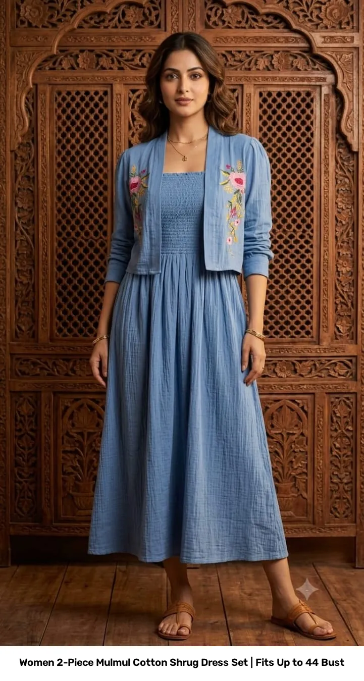 Women 2-Piece Mulmul Cotton Shrug Dress Set | Fits Up to 44 Bust 9