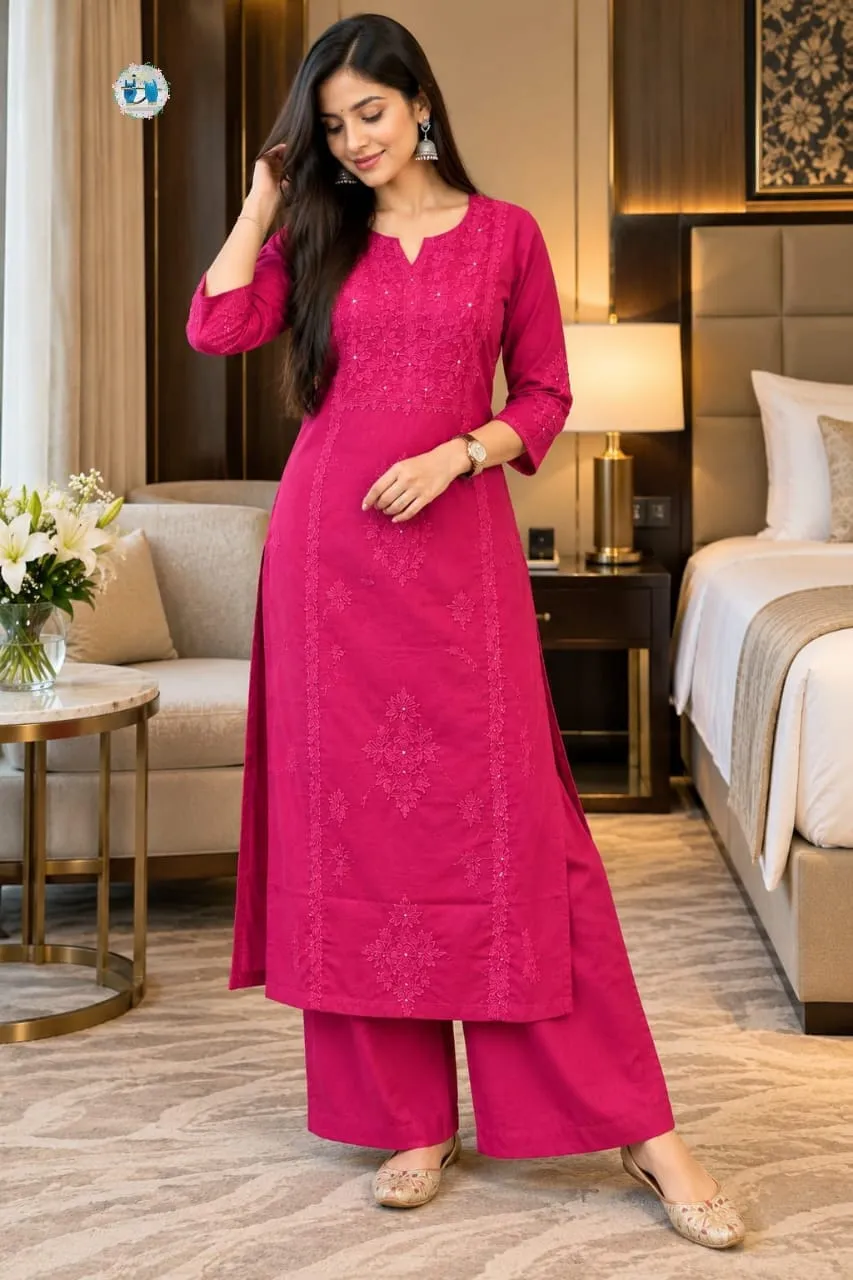 Women Pure Cotton Chikankari Kurti with Palazzo Pant Set | Ethnic Festive & Daily Wear Co-ord (Sizes M–3XL) 1