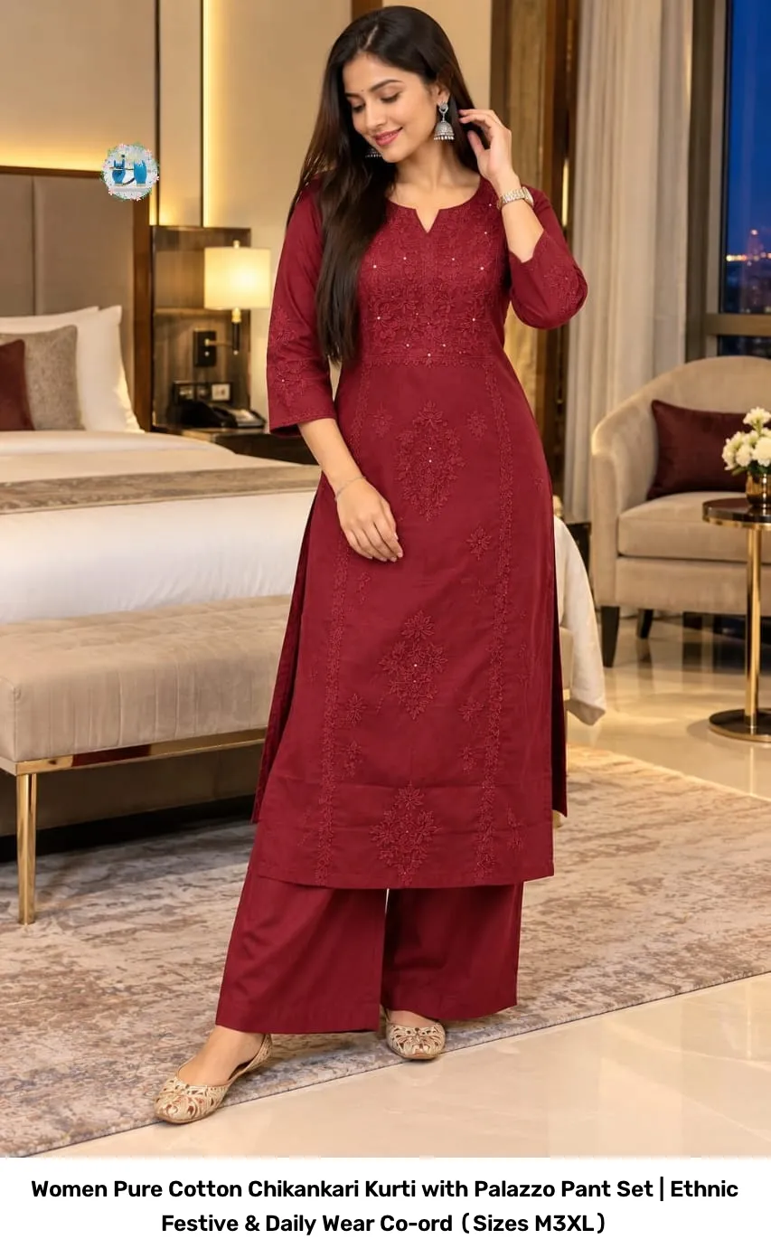 Women Pure Cotton Chikankari Kurti with Palazzo Pant Set | Ethnic Festive & Daily Wear Co-ord (Sizes M–3XL) 10