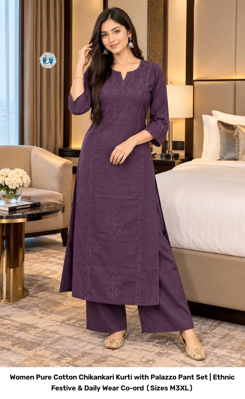 Women Pure Cotton Chikankari Kurti with Palazzo Pant Set | Ethnic Festive & Daily Wear Co-ord (Sizes M–3XL) 12