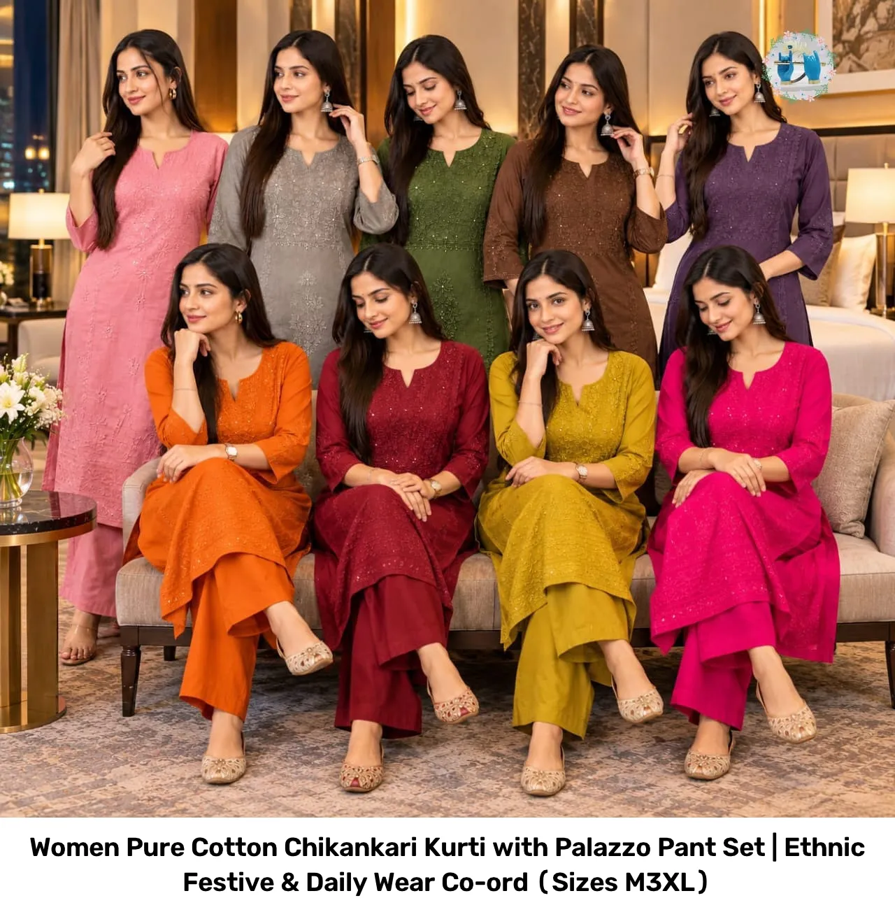 Women Pure Cotton Chikankari Kurti with Palazzo Pant Set | Ethnic Festive & Daily Wear Co-ord (Sizes M–3XL) 14