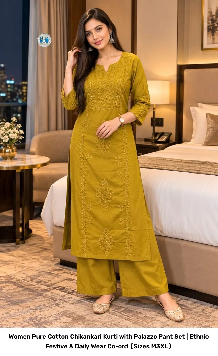 Women Pure Cotton Chikankari Kurti with Palazzo Pant Set | Ethnic Festive & Daily Wear Co-ord (Sizes M–3XL) 16