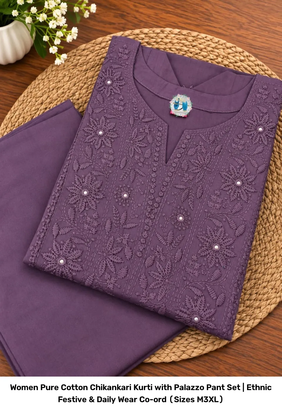Women Pure Cotton Chikankari Kurti with Palazzo Pant Set | Ethnic Festive & Daily Wear Co-ord (Sizes M–3XL) 17