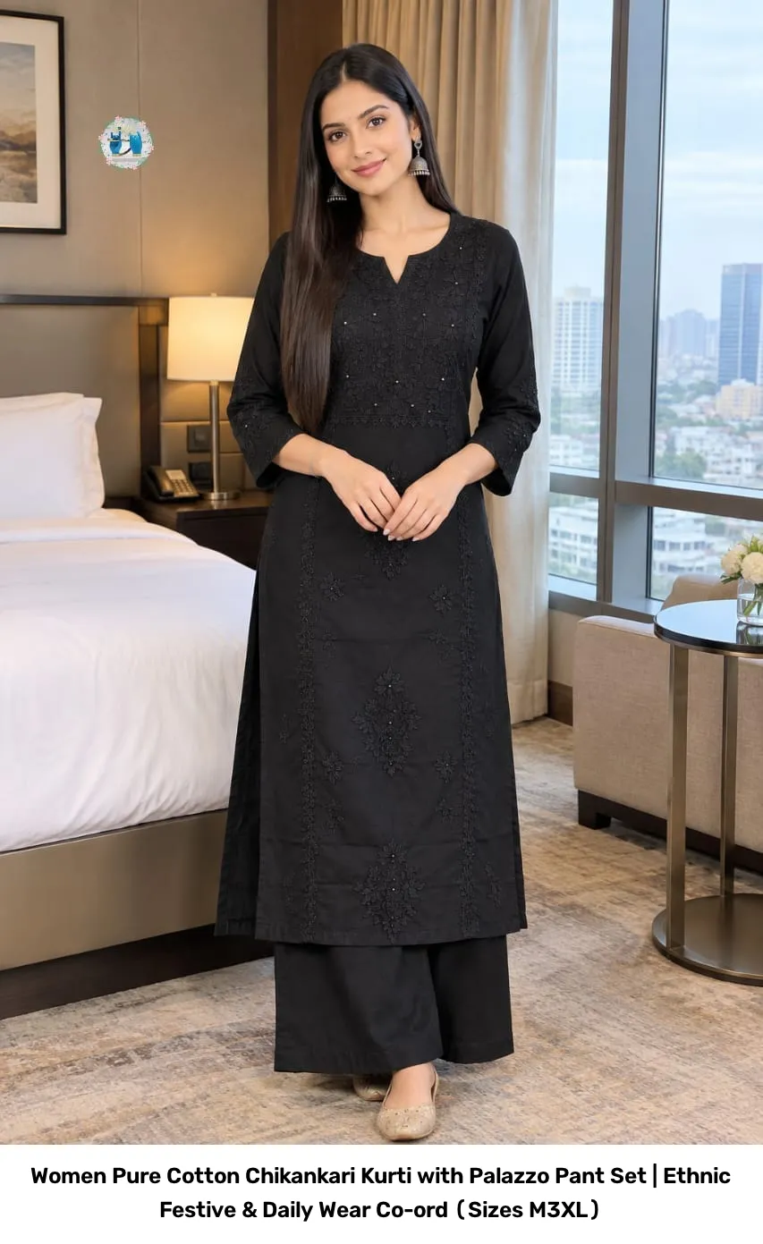 Women Pure Cotton Chikankari Kurti with Palazzo Pant Set | Ethnic Festive & Daily Wear Co-ord (Sizes M–3XL) 2