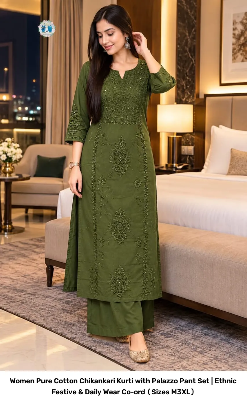 Women Pure Cotton Chikankari Kurti with Palazzo Pant Set | Ethnic Festive & Daily Wear Co-ord (Sizes M–3XL) 3