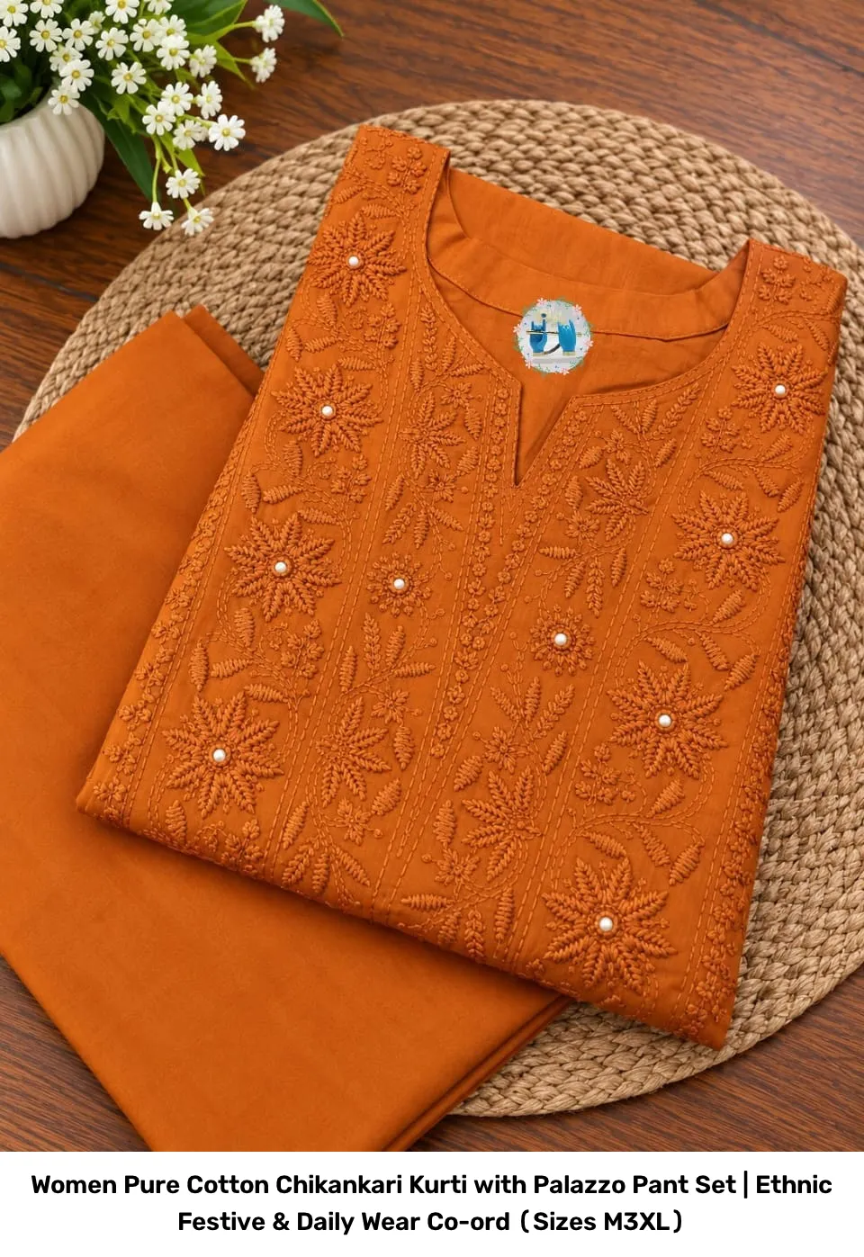 Women Pure Cotton Chikankari Kurti with Palazzo Pant Set | Ethnic Festive & Daily Wear Co-ord (Sizes M–3XL) 4