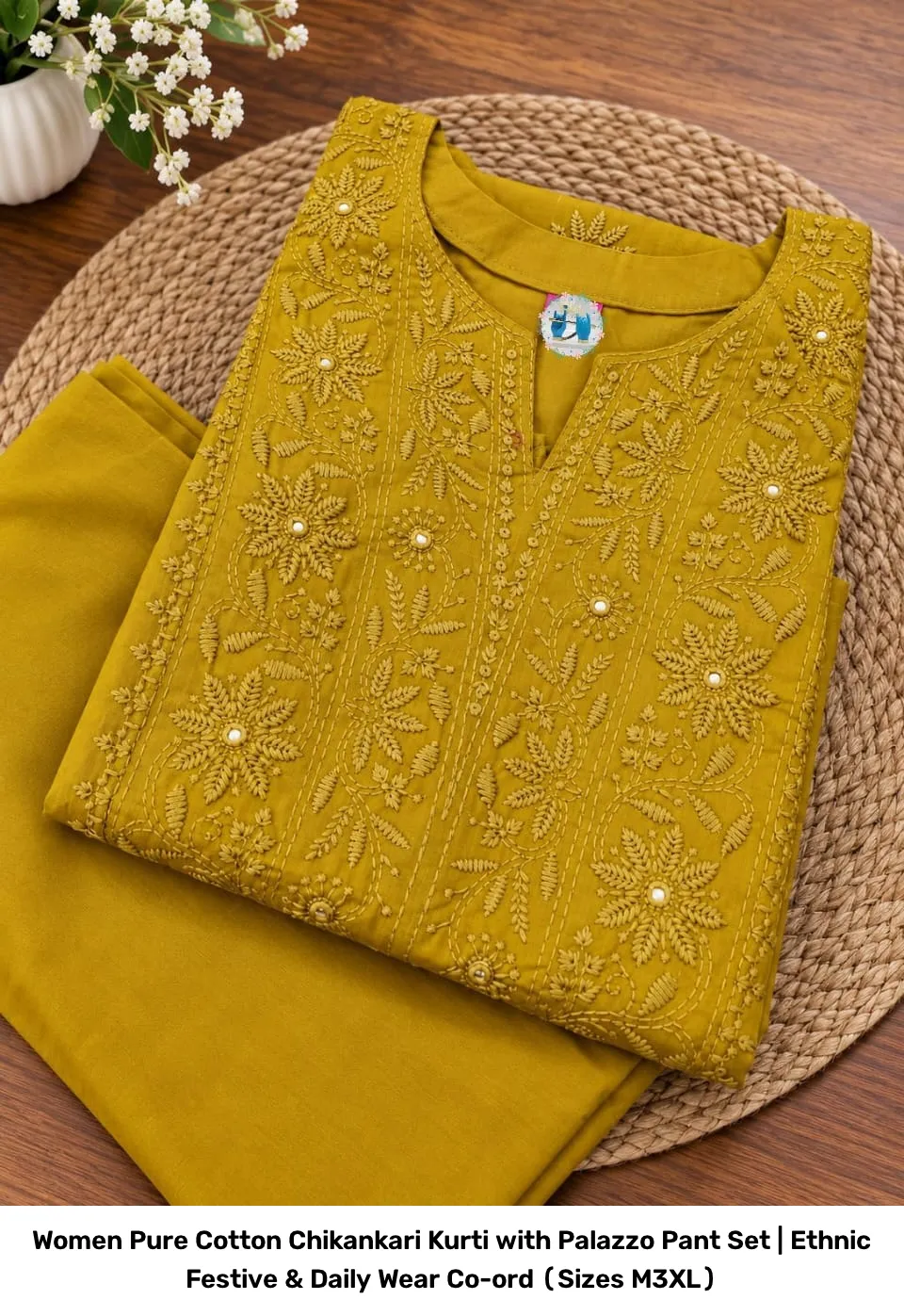Women Pure Cotton Chikankari Kurti with Palazzo Pant Set | Ethnic Festive & Daily Wear Co-ord (Sizes M–3XL) 5