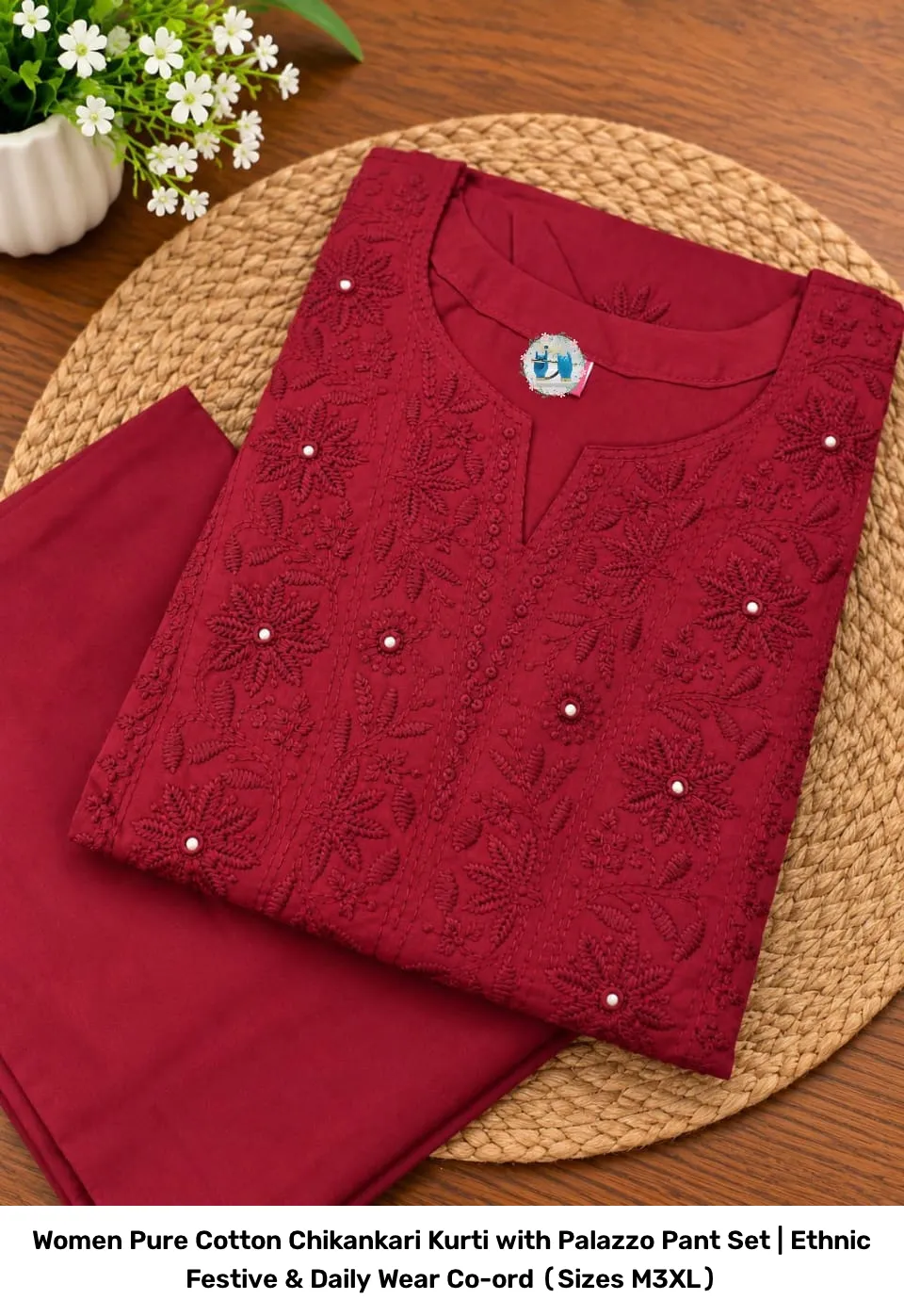 Women Pure Cotton Chikankari Kurti with Palazzo Pant Set | Ethnic Festive & Daily Wear Co-ord (Sizes M–3XL) 6