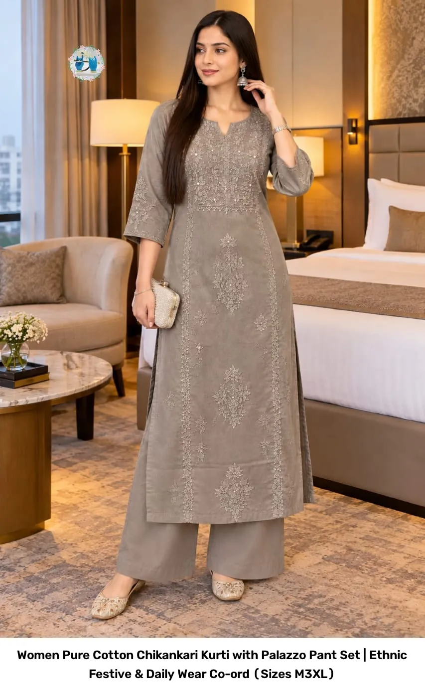 Women Pure Cotton Chikankari Kurti with Palazzo Pant Set | Ethnic Festive & Daily Wear Co-ord (Sizes M–3XL) 7