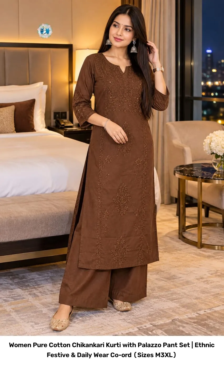 Women Pure Cotton Chikankari Kurti with Palazzo Pant Set | Ethnic Festive & Daily Wear Co-ord (Sizes M–3XL) 8