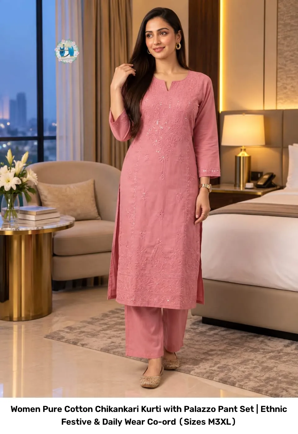 Women Pure Cotton Chikankari Kurti with Palazzo Pant Set | Ethnic Festive & Daily Wear Co-ord (Sizes M–3XL) 9