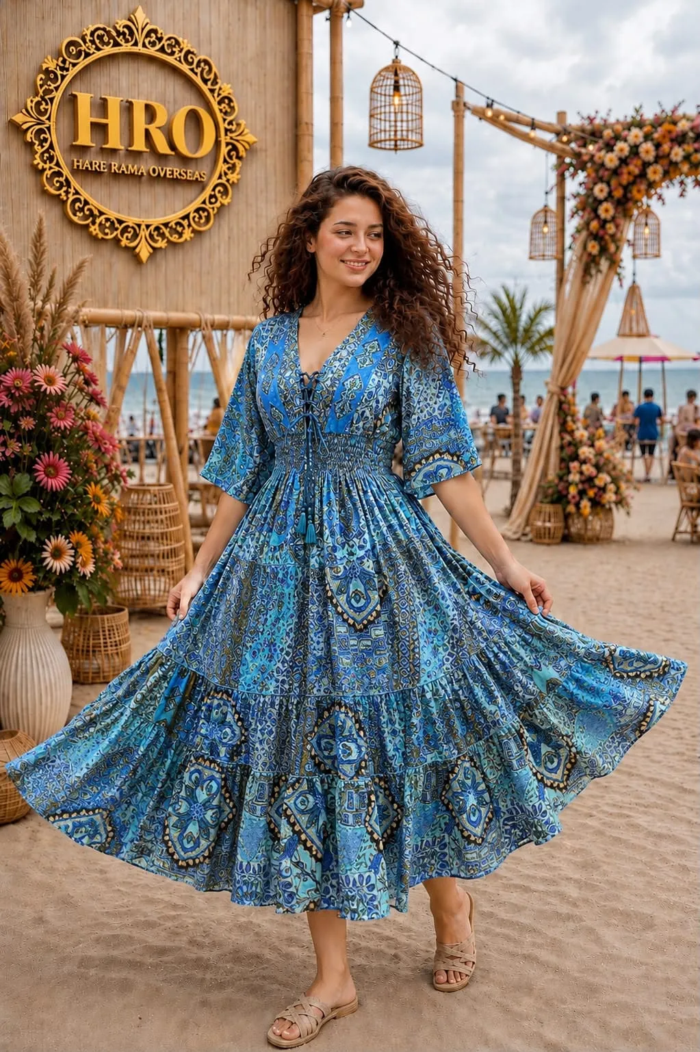 Women V-Neck Lace-Up Silk Maxi Dress | Flared Sleeve Resort Wear