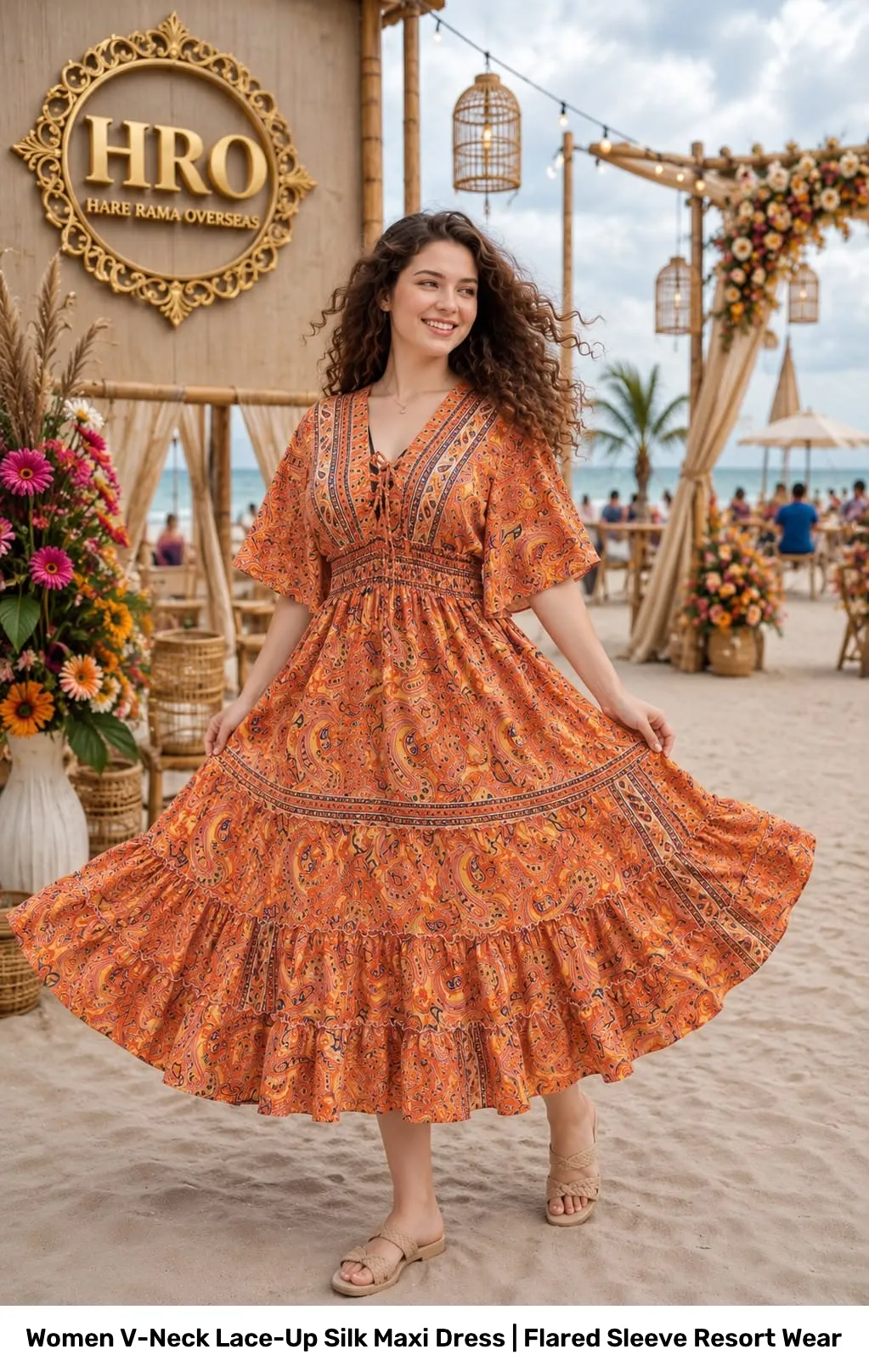Women V-Neck Lace-Up Silk Maxi Dress | Flared Sleeve Resort Wear 2