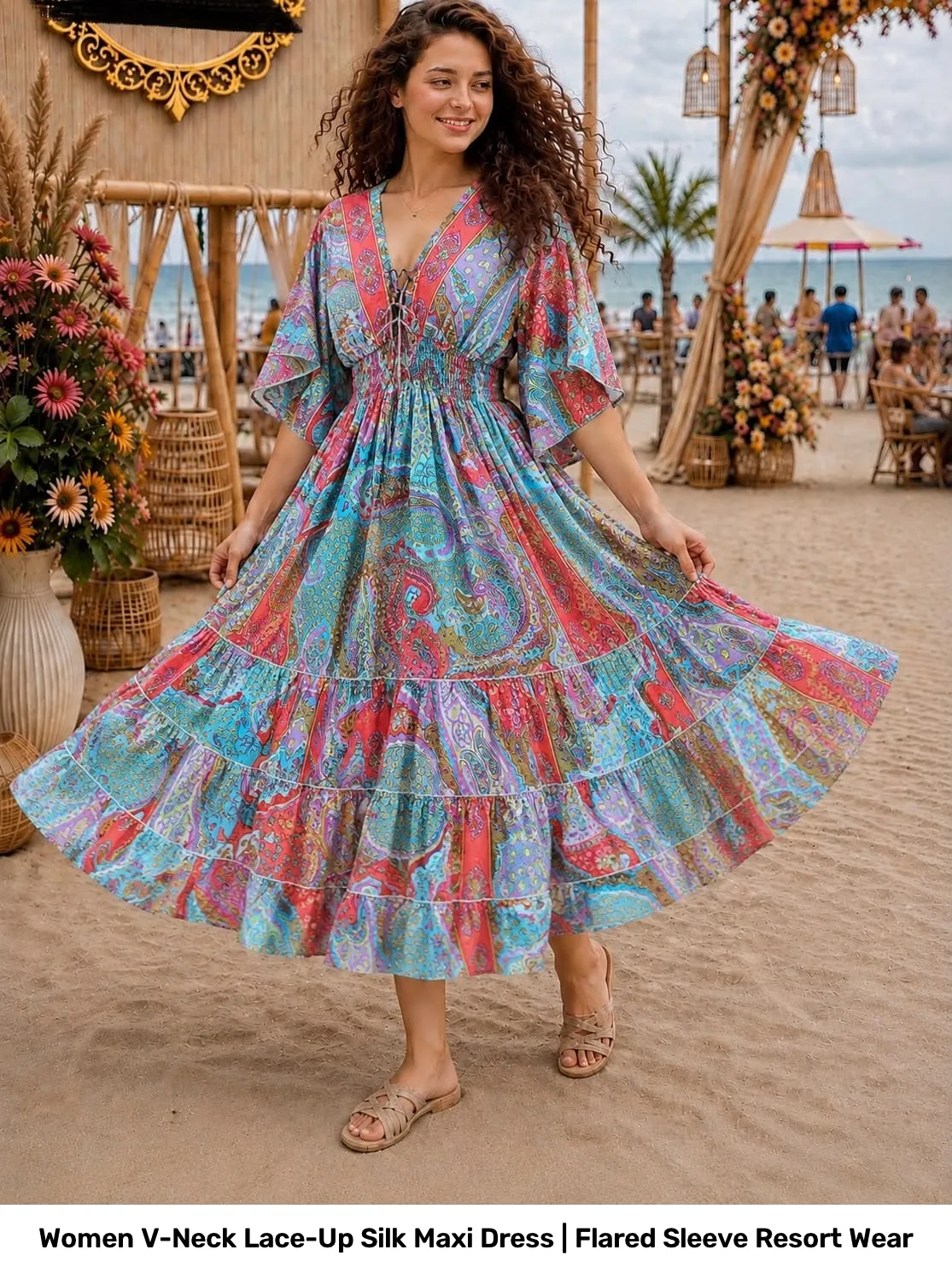 Women V-Neck Lace-Up Silk Maxi Dress | Flared Sleeve Resort Wear 3