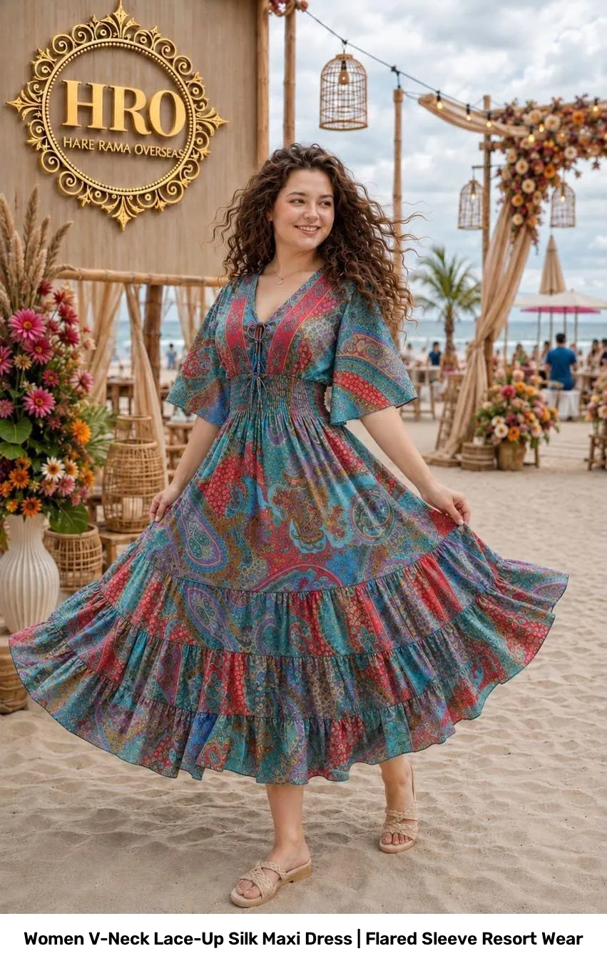 Women V-Neck Lace-Up Silk Maxi Dress | Flared Sleeve Resort Wear 4