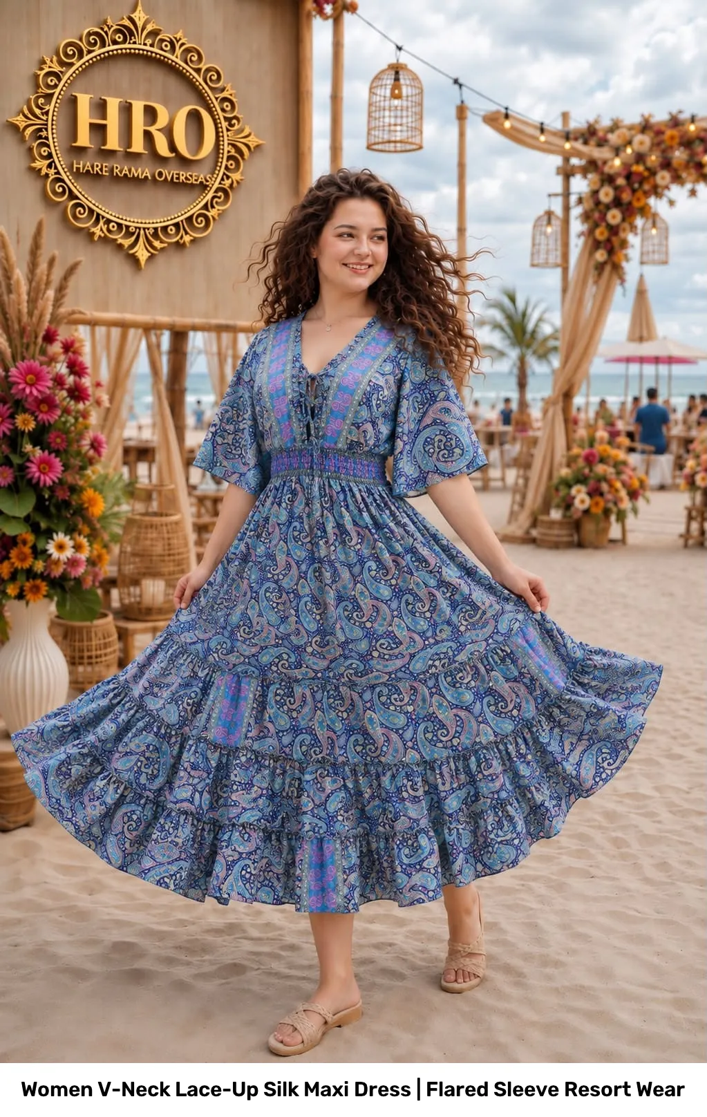 Women V-Neck Lace-Up Silk Maxi Dress | Flared Sleeve Resort Wear 6
