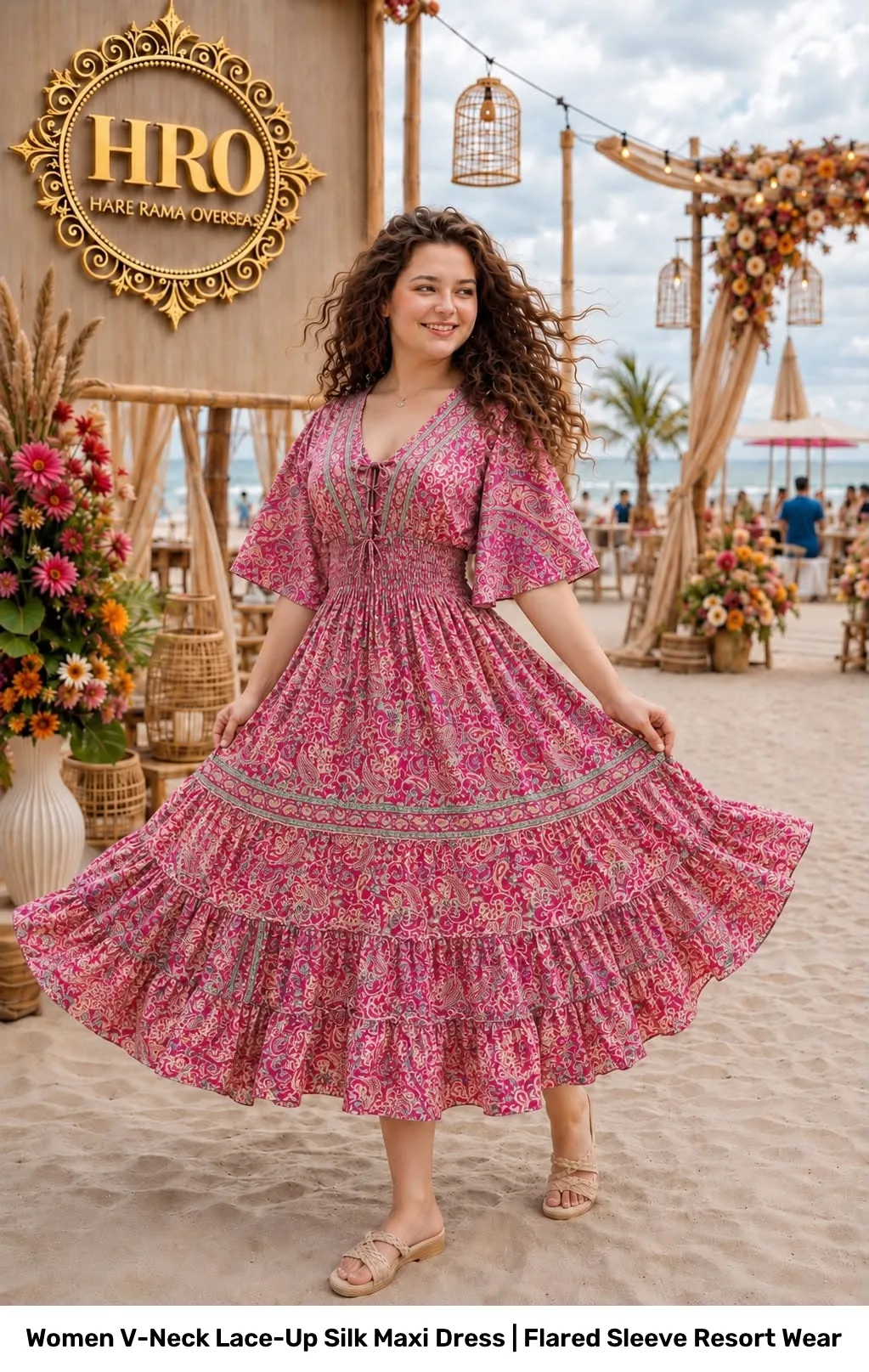 Women V-Neck Lace-Up Silk Maxi Dress | Flared Sleeve Resort Wear 7