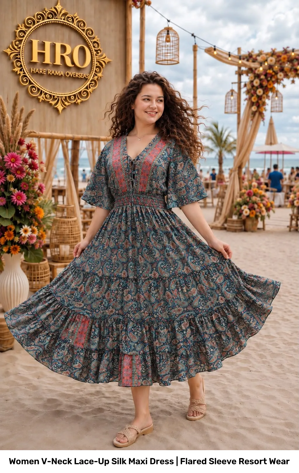 Women V-Neck Lace-Up Silk Maxi Dress | Flared Sleeve Resort Wear 8