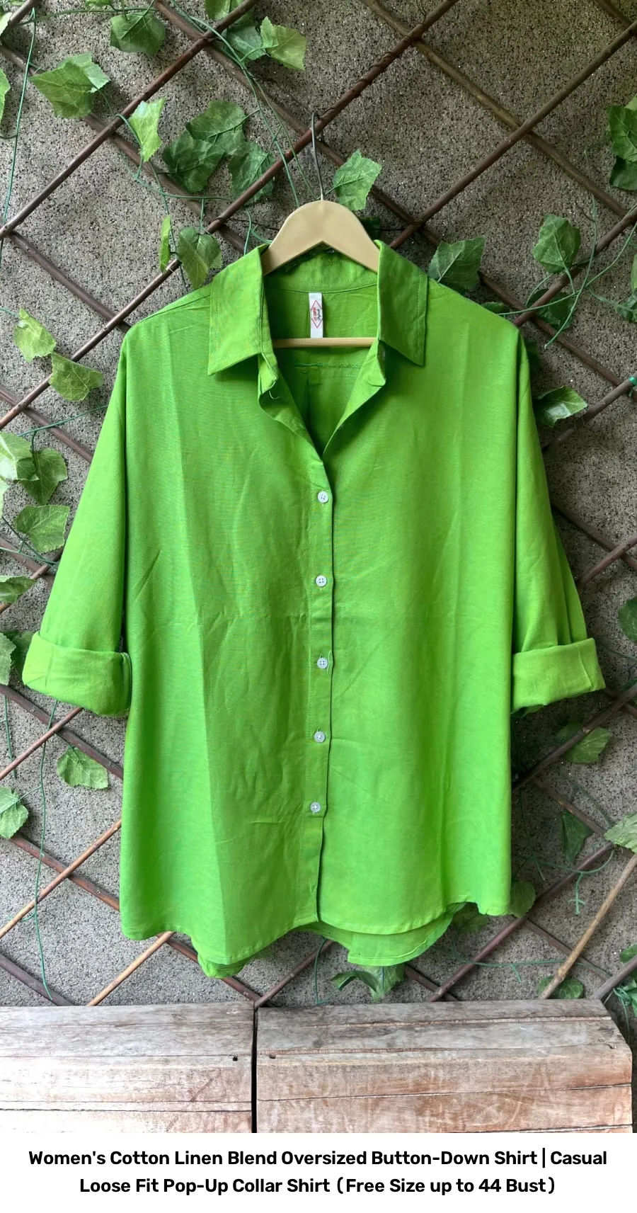 Women's Cotton Linen Blend Oversized Button-Down Shirt | Casual Loose Fit Pop-Up Collar Shirt (Free Size up to 44 Bust) 2