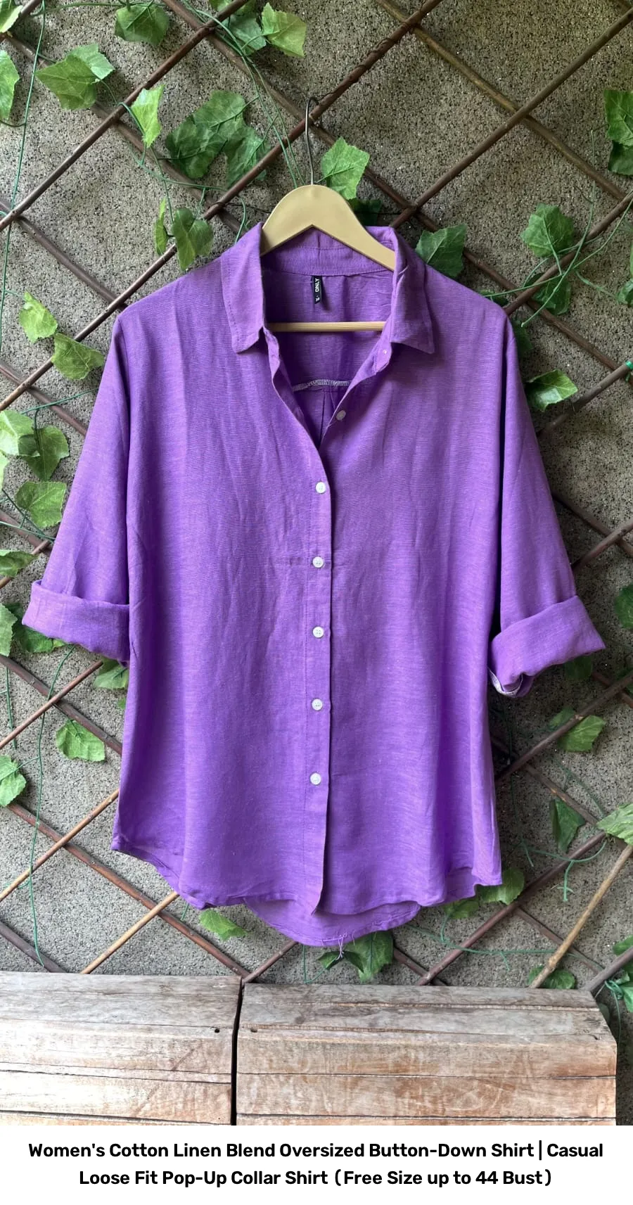 Women's Cotton Linen Blend Oversized Button-Down Shirt | Casual Loose Fit Pop-Up Collar Shirt (Free Size up to 44 Bust) 3