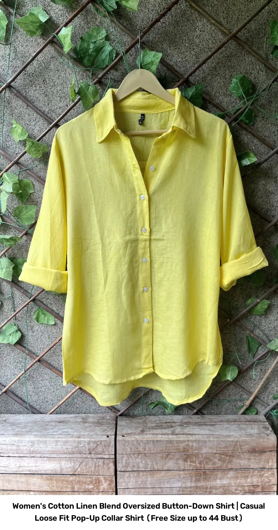 Women's Cotton Linen Blend Oversized Button-Down Shirt | Casual Loose Fit Pop-Up Collar Shirt (Free Size up to 44 Bust) 4