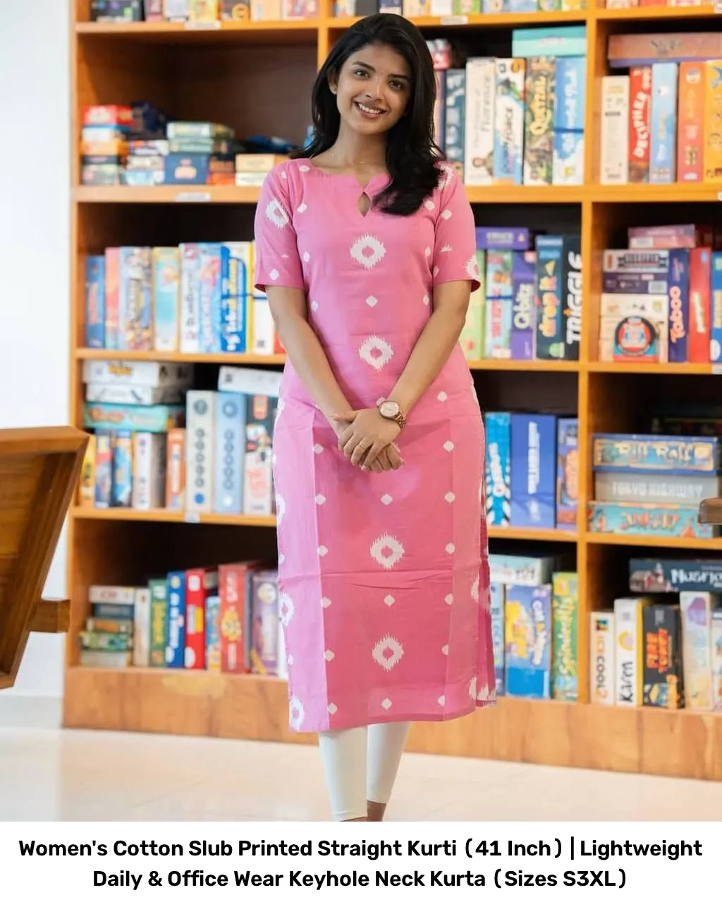 Women's Cotton Slub Printed Straight Kurti (41 Inch) | Lightweight Daily & Office Wear Keyhole Neck Kurta (Sizes S–3XL) 4