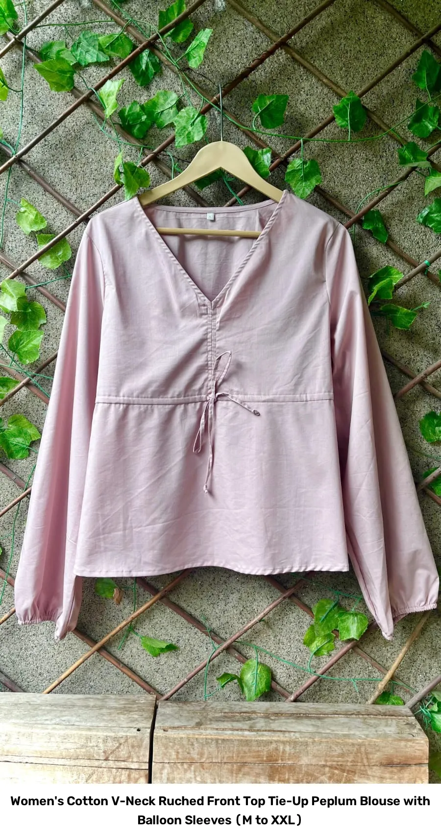 Women's Cotton V-Neck Ruched Front Top – Tie-Up Peplum Blouse with Balloon Sleeves (M to XXL) 3