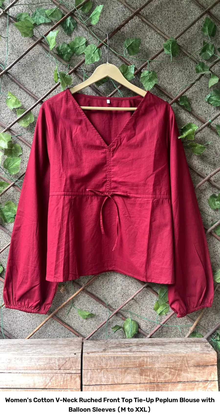 Women's Cotton V-Neck Ruched Front Top – Tie-Up Peplum Blouse with Balloon Sleeves (M to XXL) 4