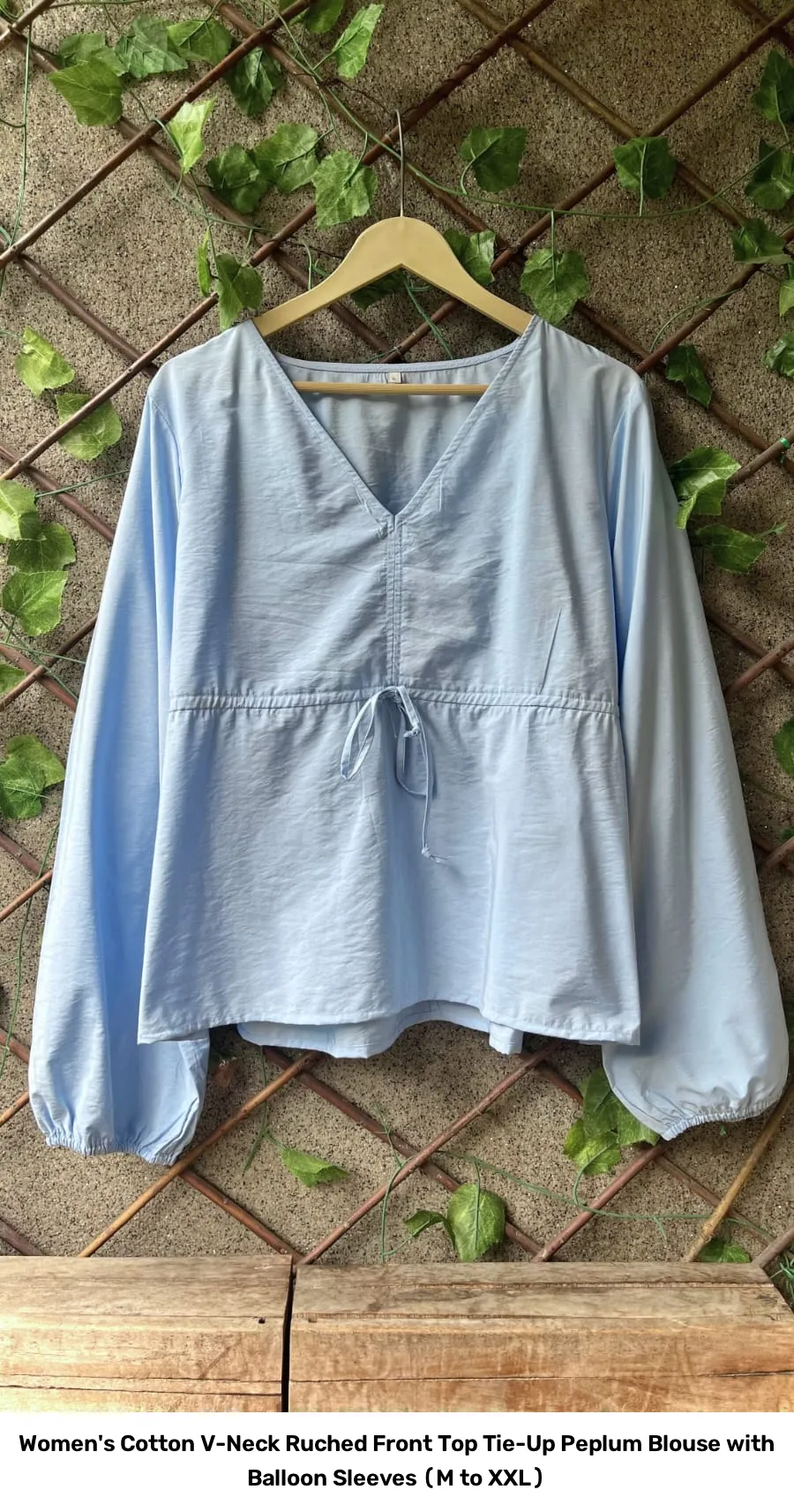 Women's Cotton V-Neck Ruched Front Top – Tie-Up Peplum Blouse with Balloon Sleeves (M to XXL) 5