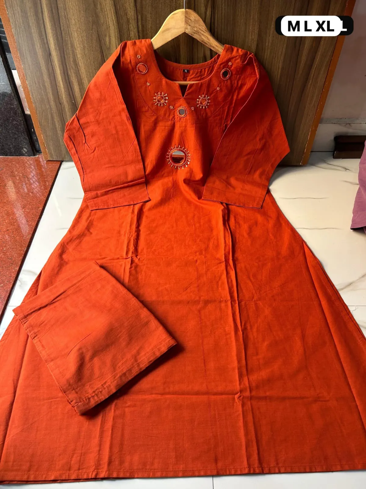 Women's Dhabu Cotton Straight Cut Kurti Palazzo Set – Real Mirror Hand Embroidery 2-Piece Co-Ord Set with Pocket Palazzo