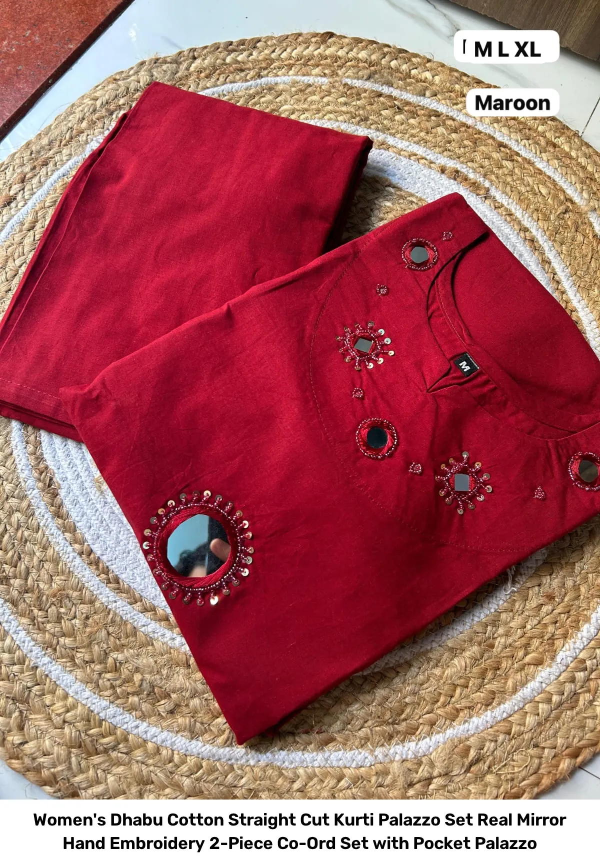 Women's Dhabu Cotton Straight Cut Kurti Palazzo Set – Real Mirror Hand Embroidery 2-Piece Co-Ord Set with Pocket Palazzo 2