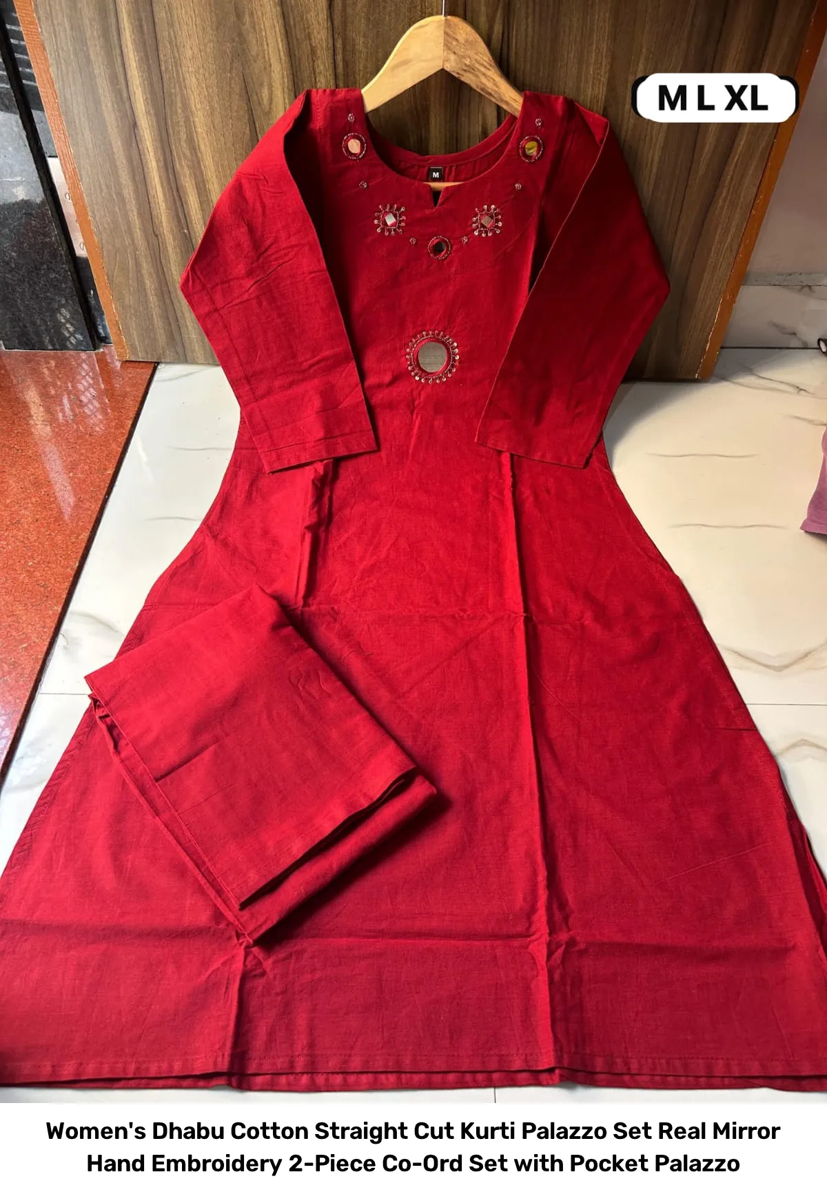 Women's Dhabu Cotton Straight Cut Kurti Palazzo Set – Real Mirror Hand Embroidery 2-Piece Co-Ord Set with Pocket Palazzo 5