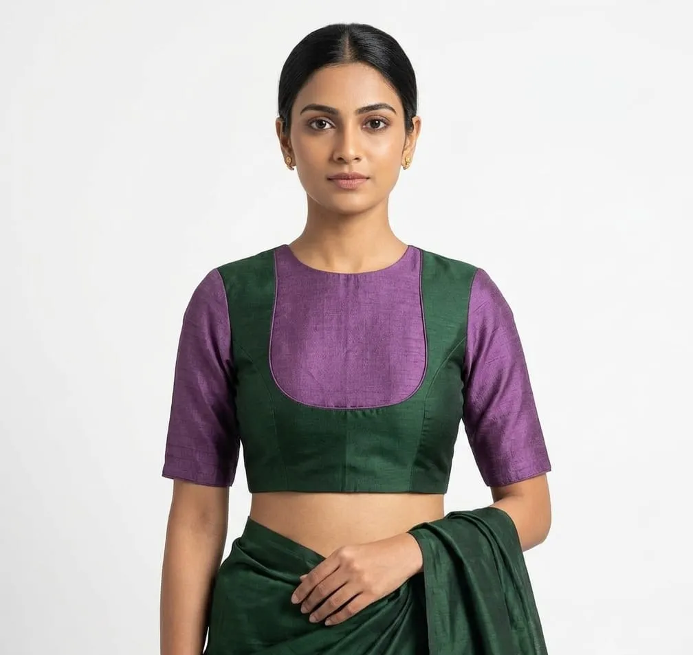 Women's Dual Color Raw Silk Readymade Blouse – Boat Neck Elbow Sleeve Saree Blouse with Back Zipper Closure